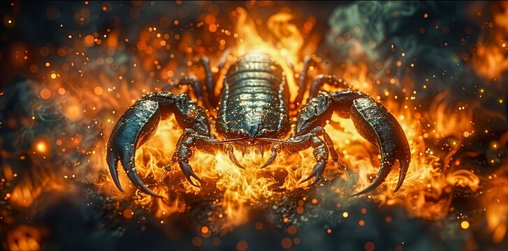 The image shows a metal scorpion with fire.