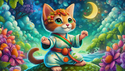oil painting style CARTOON CHARACTER CUTE baby Funny cat in white kimono exercising yoga, kung fu cat, carate cat