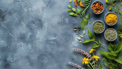 A selection of colorful culinary herbs and healing plants spread out on a textured gray background,...