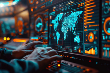 Business man using computer hand close up futuristic cyber space decentralized finance AI chatbot coding background business data analytics programming network metaverse digital world technology