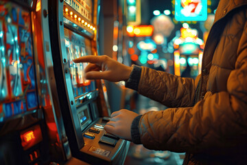 Obraz premium A person sitting at a slot machine, pressing buttons and watching the reels spin in a casino setting