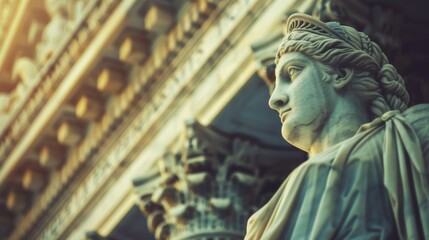 A statue's back captured in front of blurred classical architecture, focus on artistic detail