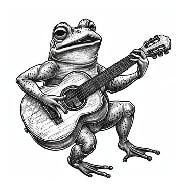 A frog or toad plays the guitar. An unusual musician. Painting in the style of engraving or pencil drawing. Black and white illustration for design.