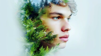 Double exposure combines face and forest. The concept of the unity of nature and man. The vitality of the human soul in nature illustration. Illustration for cover, card, interior design, poster, etc - obrazy, fototapety, plakaty