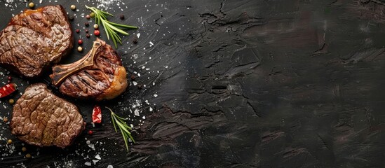 Beef steak and veal on a black wooden surface, seen from above with empty space for text. - Powered by Adobe