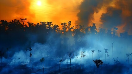 Deforested land in a smoky sky shows shift from carbon sink to source. Concept Climate Change, Deforestation, Carbon Emissions, Environmental Degradation, Global Warming