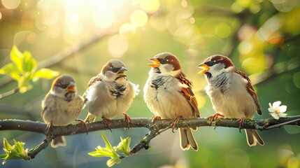 flock of small sparrow chicks sits among the blooming white branches of an apple tree in a spring park. AI generated illustration