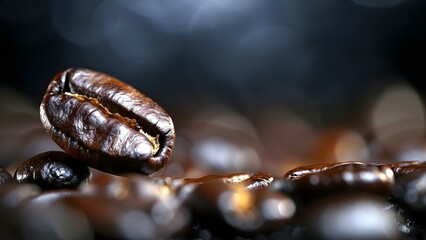 Highlighting the Maillard Reaction in a Close-Up of Shiny Roasted Coffee Beans. Concept Close-Up Photography, Textures and Surfaces, Maillard Reaction, Roasted Coffee Beans, Food Photography