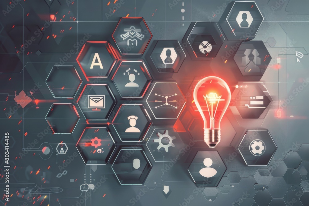 Poster a background with hexagons and icons representing digital marketing, such as lightbulbs or gears, se