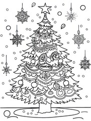 Relaxing coloring book for adults with a stunning drawing of a Christmas tree waiting to be colored.