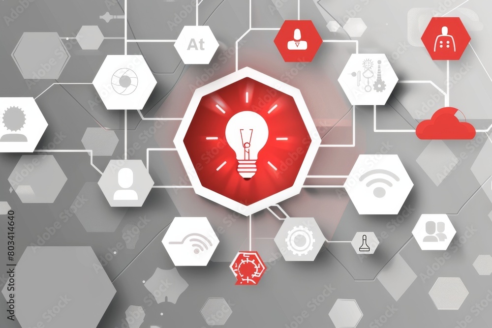 Poster a background with hexagons and icons representing digital marketing, such as lightbulbs or gears, se