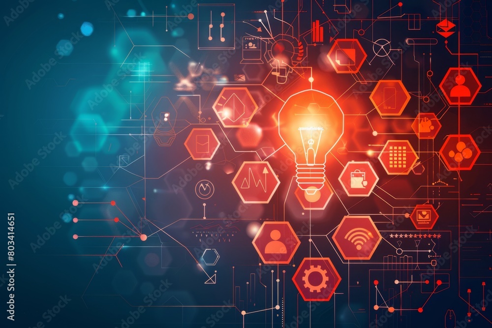 Poster a digital illustration of an abstract background with hexagons and icons representing technology, in