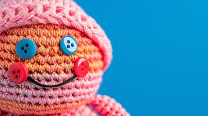 Fototapeta premium Smiling character as a connected toy. Amigurumi cute monster. Abstract emotional face. Handmade. Illustration for cover, card, interior design, banner, poster, brochure or presentation.