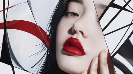 Face of a young girl in composition with geometric figures of bright colors. Abstract surrealistic collage. Portrait of a beautiful woman. Combination of photorealism with digital art.