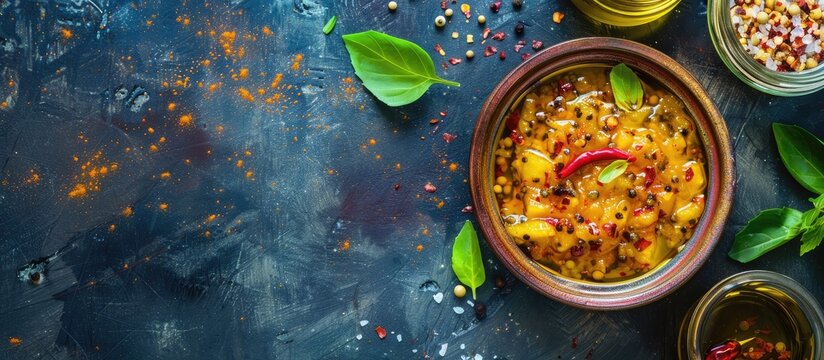 Homemade spicy mango pickle made with raw green mango, salt, red chili powder, oil, and fenugreek seeds. Moody background with copy space.