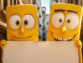 Fototapeta premium Two yellow monsters hold a blank card in front of them. They have toothy smiles on their faces. Can be used for advertising, marketing, promotion or presentation.