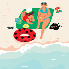 Summer season cartoon illustration with mom and daughter sunbathing on the sea beach.Happy little girl and woman,   bag, hat, towel, flip-flops , inflatable ring.Vector design for banner template.