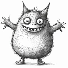 Obraz premium Cute smiling monster. Character in a drawn style. Black and white drawing isolated on a white background. Illustration for cover, card, postcard, interior design, decor or print.