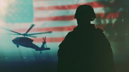 A soldier in silhouette stands resolutely with the American flag behind, illuminated by ethereal light and a helicopter hovering in the distance