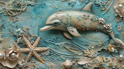 Shark in scrapbooking style. Sea animal with starfish and pearls. Vintage paper craft.
