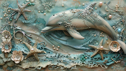 Dolphin in scrapbooking style. Sea animal with starfish, pearls and blue background. Vintage paper craft.