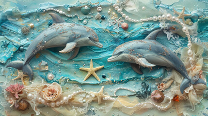 Dolphin in scrapbooking style. Sea animal with starfish, pearls and lace. Vintage paper craft.