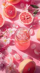 A vibrant image showcasing a refreshing cold grapefruit beverage surrounded by scattered flowers and fruits