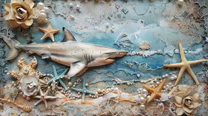 Shark in scrapbooking style. Sea animal with starfish, pearls and lace. Vintage paper craft.