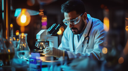 scientist uses microscope to study biology, engineer researching medicine engineering project, health or life science and technology concept