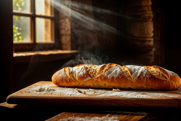 Sunlight illuminates freshly baked bread on a rustic kitchen table at dawn.