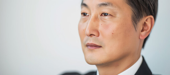 Fototapeta premium Close-up portrait of an asian businessman exhibiting confidence and contemplation, wearing a formal suit with a clean, minimalist background suggesting a professional corporate environment