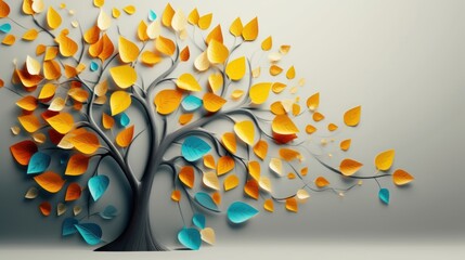A tree with colorful leaves, painted in shades of orange, yellow, and blue. The background is a light gray color.