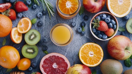 Overhead view of various fresh fruits like kiwi, strawberry, and citrus around glasses of orange juice on a textured backdrop