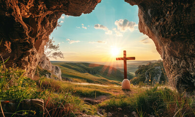 holy saturday,The empty tomb of Jesus Christ with the cross outside at sunrise,