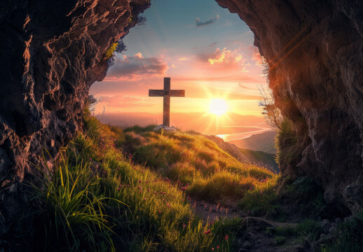 holy saturday,The empty tomb of Jesus Christ with the cross outside at sunrise, - Powered by Adobe