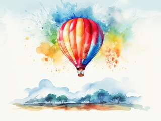 Fototapeta premium A hot air balloon is painted in a watercolor style. The sky above the balloon is painted with splashes of color, creating a rainbow effect. The whole image has a pastel color scheme.