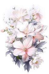 A bouquet of white and pink flowers, including peonies and leaves, are painted in a watercolor style.