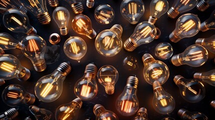 Numerous illuminated vintage light bulbs on a dark background, featuring warm glowing filaments.