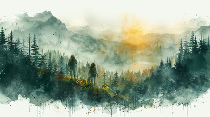 watercolor painting style of a hunter in the woods