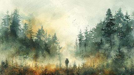 Naklejka premium watercolor painting style of a hunter in the woods