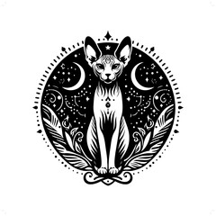 Sphynx cat silhouette in bohemian, boho, nature illustration