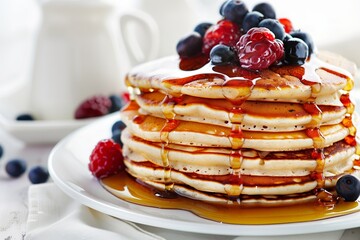 Pancakes with berries and syrup on a table