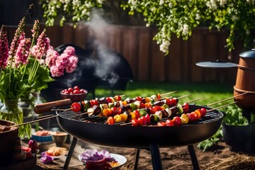 Incense sticks of meat and vegetables in a garden.