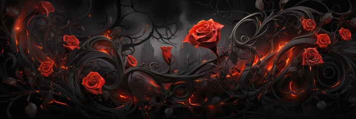 A black background with red roses on the right side. The roses are surrounded by a vine with red and black flames. The flames are licking the vine and some roses.
