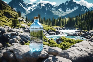 Clean water in bottle with the view of the mountains