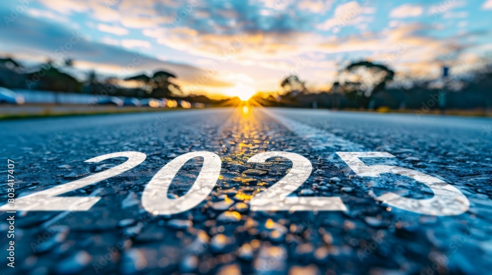 Poster the word 2025 is written on a road with the sun setting in front of it. generative ai.