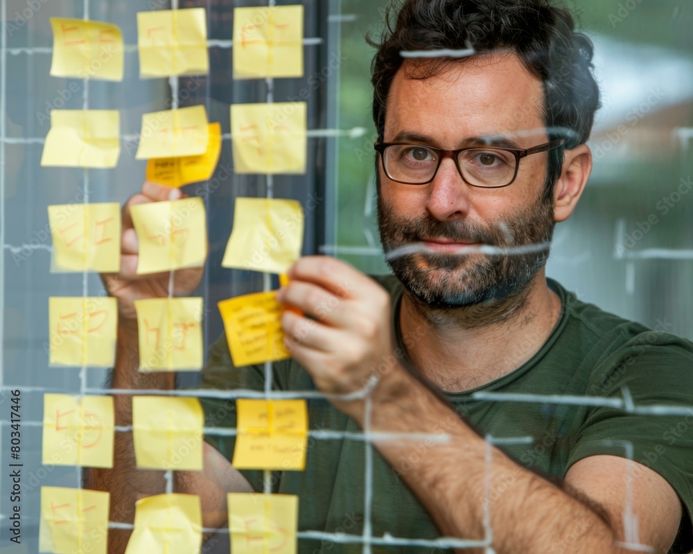 Poster a man with glasses and beard looking at a post it note. generative ai.