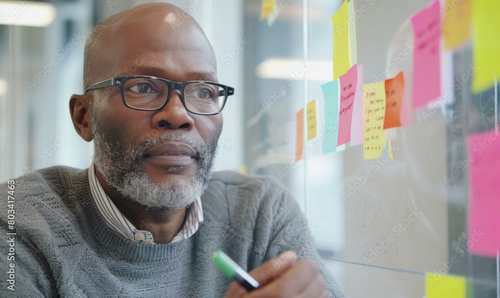 Poster a man with glasses and a beard sitting in front of sticky notes. generative ai.