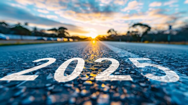 The word 2025 is written on a road with the sun setting in front of it. Generative AI.