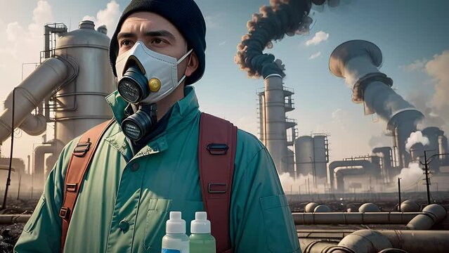 Man wearing chemical protective mask and suit against factory, flipbook zoom in style animation. Polluted atmosphere concept.High quality 4k footage